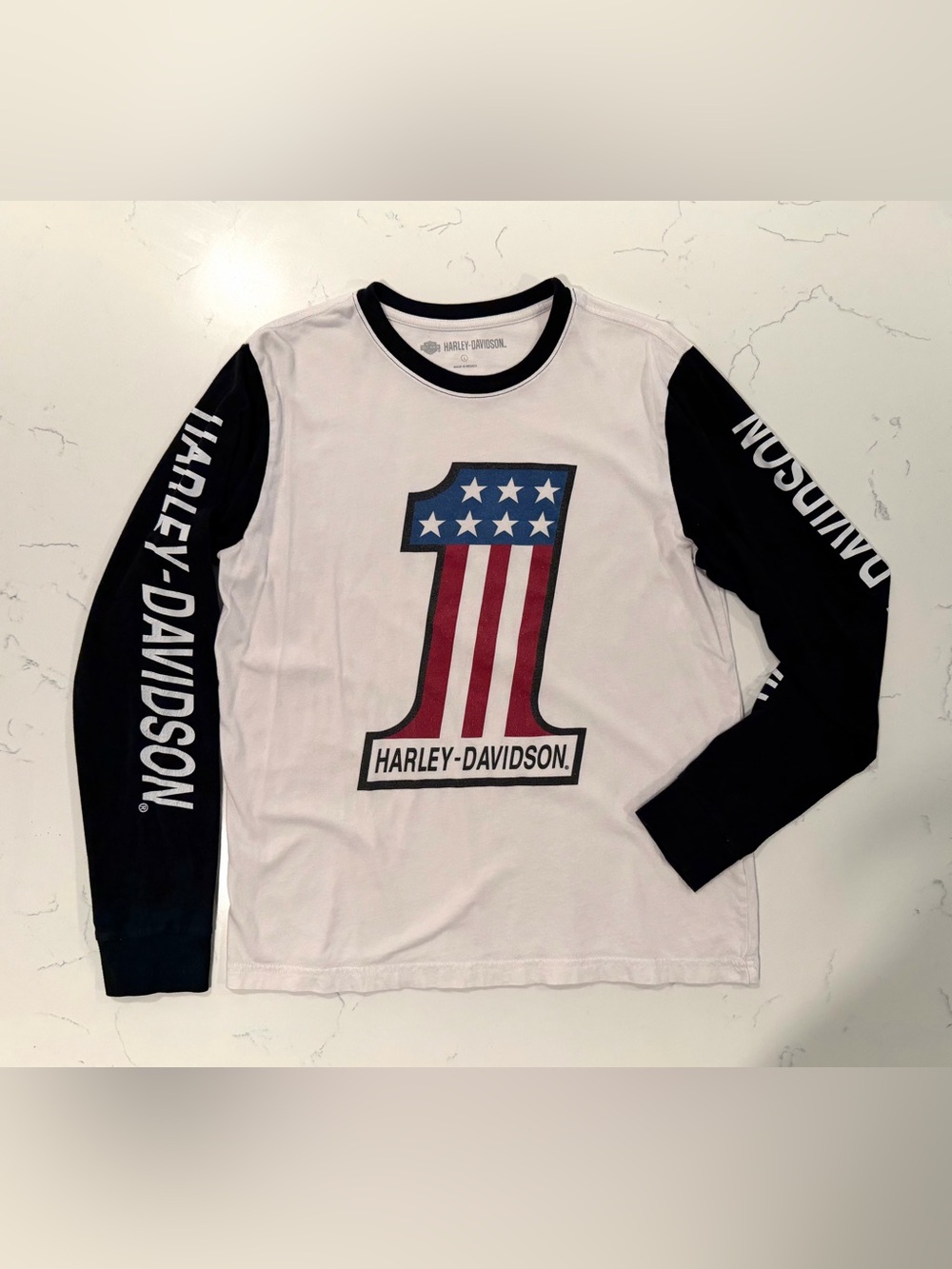 Harley-Davidson White Tee with Black Sleeves and Patriotic Number One